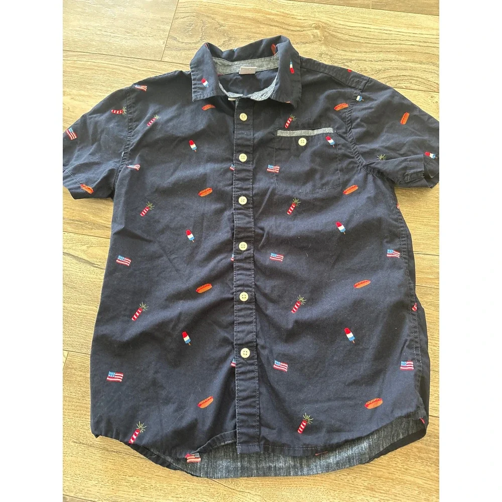Gymboree Boys Navy Blue Americana All Over Print Button Down Shirt Size L 10-12